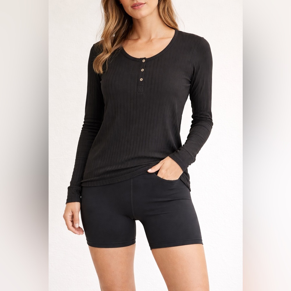 Shebird Ribbed Henley Black Long Sleeve Women's Top Built in Bra size 4